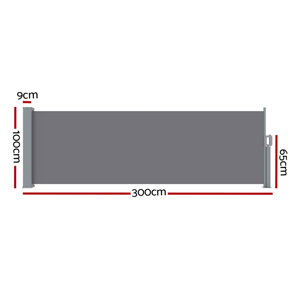 Instahut Side Awning Sun Shade Outdoor Blinds Retractable Screen 1X3M Grey Instahut