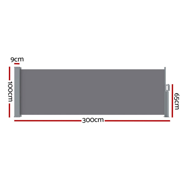 Instahut Side Awning Sun Shade Outdoor Blinds Retractable Screen 1X3M Grey Instahut