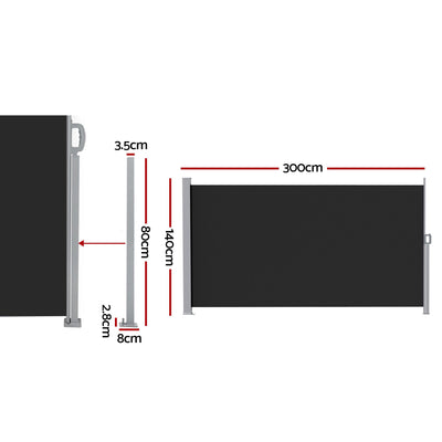 Instahut 1.4X3M Side Awning Retractable Privacy Screen Outdoor Sun Shade Black