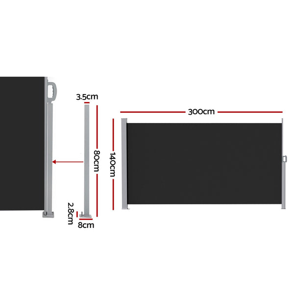 Instahut 1.4X3M Side Awning Retractable Privacy Screen Outdoor Sun Shade Black Awezingly