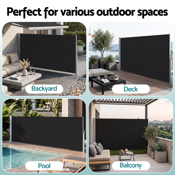 Instahut 1.4X3M Side Awning Retractable Privacy Screen Outdoor Sun Shade Black Awezingly