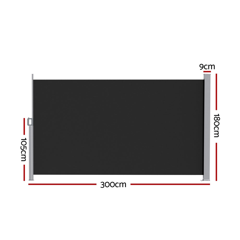 Instahut Side Awning Sun Shade Outdoor Retractable Privacy Screen 1.8X3M Black Awezingly