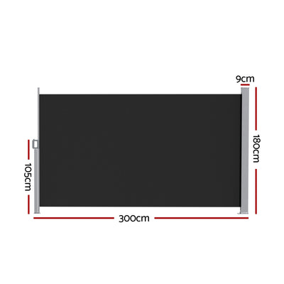 Instahut Side Awning Sun Shade Outdoor Retractable Privacy Screen 1.8X3M Black
