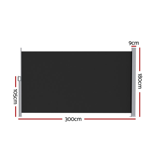 Instahut Side Awning Sun Shade Outdoor Retractable Privacy Screen 1.8X3M Black Awezingly