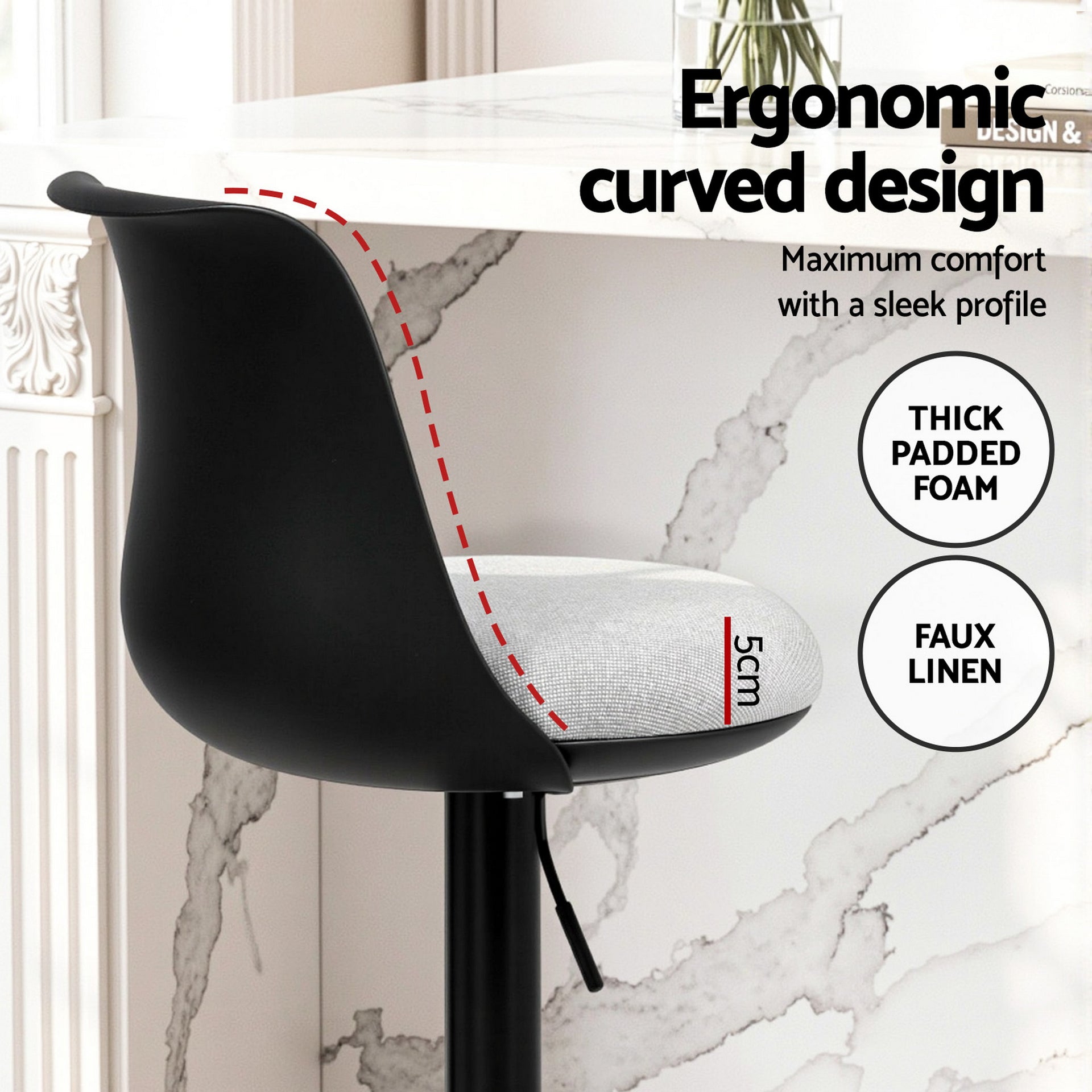 Artiss 2x Bar Stools Kitchen Swivel Gas Lift Counter Dining Chair Curved Black