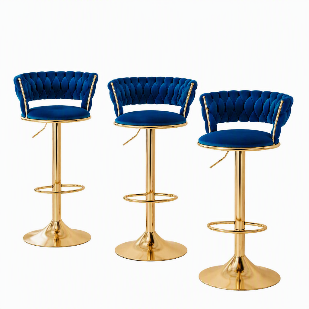 Artiss Bar Stools X3 Kitchen Counter Chair Gas Lift Velvet Woven Backrest Navy Awezingly