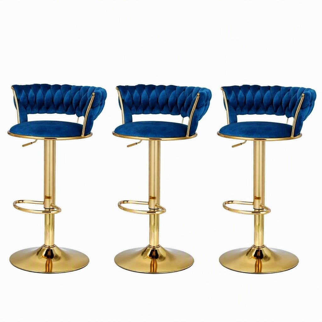 Artiss Bar Stools X3 Kitchen Counter Chair Gas Lift Velvet Woven Backrest Navy Awezingly