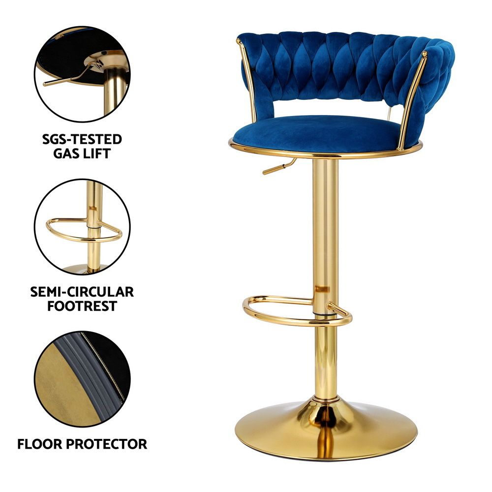 Artiss Bar Stools X3 Kitchen Counter Chair Gas Lift Velvet Woven Backrest Navy Awezingly