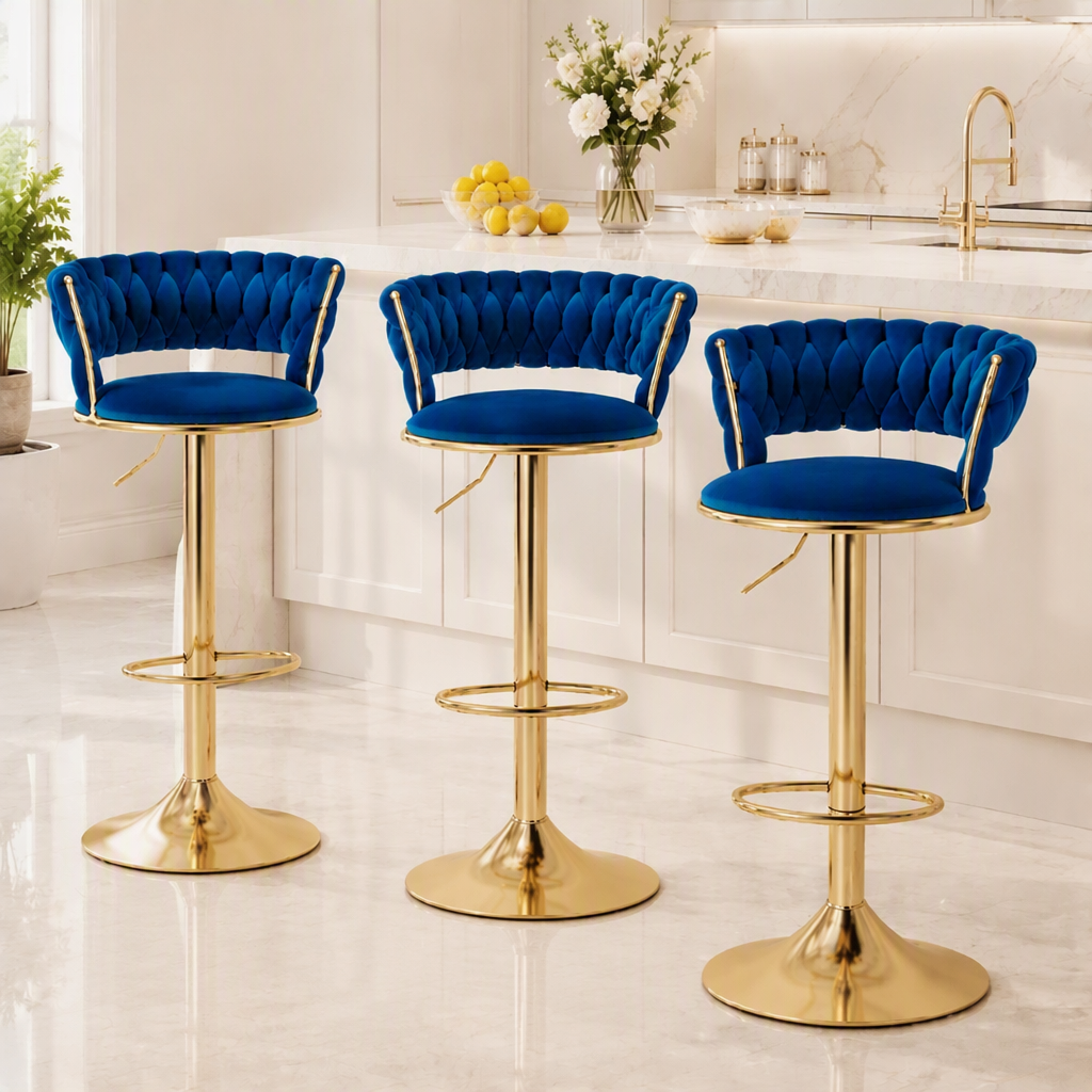 Artiss Bar Stools X3 Kitchen Counter Chair Gas Lift Velvet Woven Backrest Navy Awezingly