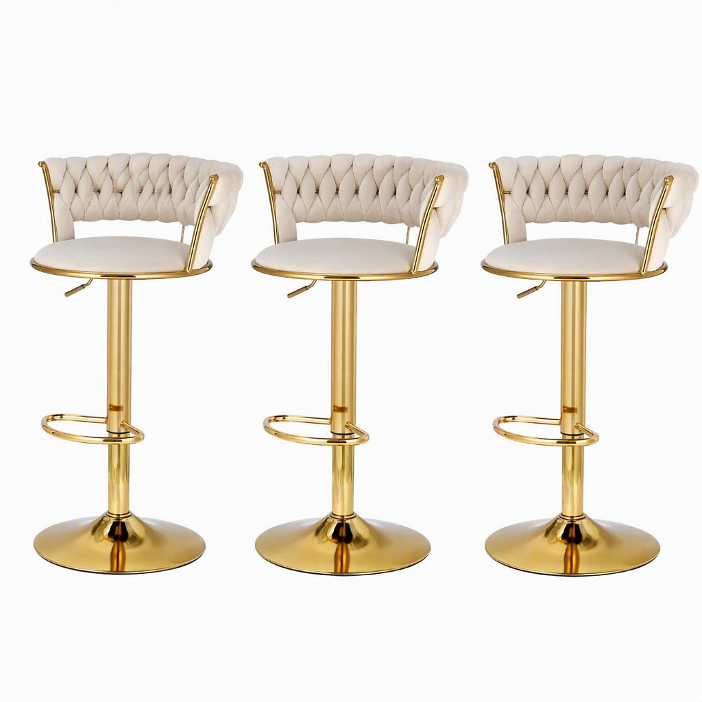 Artiss Bar Stools X3 Kitchen Counter Chair Gas Lift Velvet Woven Backrest Ivory Awezingly