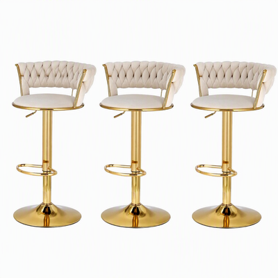 Artiss Bar Stools X3 Kitchen Counter Chair Gas Lift Velvet Woven Backrest Ivory