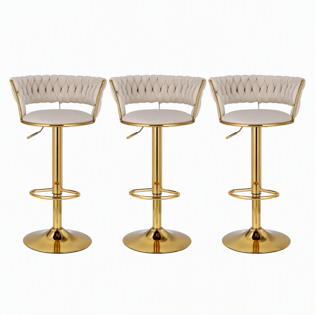 Artiss Bar Stools X3 Kitchen Counter Chair Gas Lift Velvet Woven Backrest Ivory Awezingly