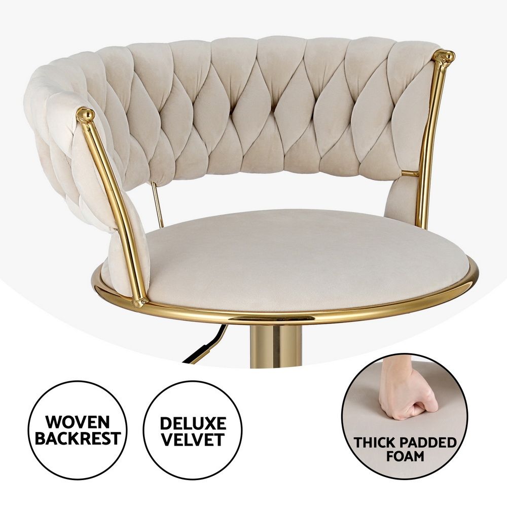 Artiss Bar Stools X3 Kitchen Counter Chair Gas Lift Velvet Woven Backrest Ivory Awezingly