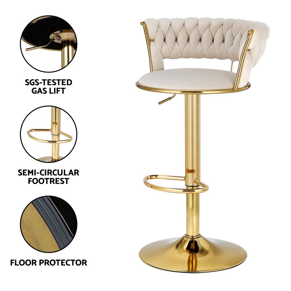 Artiss Bar Stools X3 Kitchen Counter Chair Gas Lift Velvet Woven Backrest Ivory Awezingly