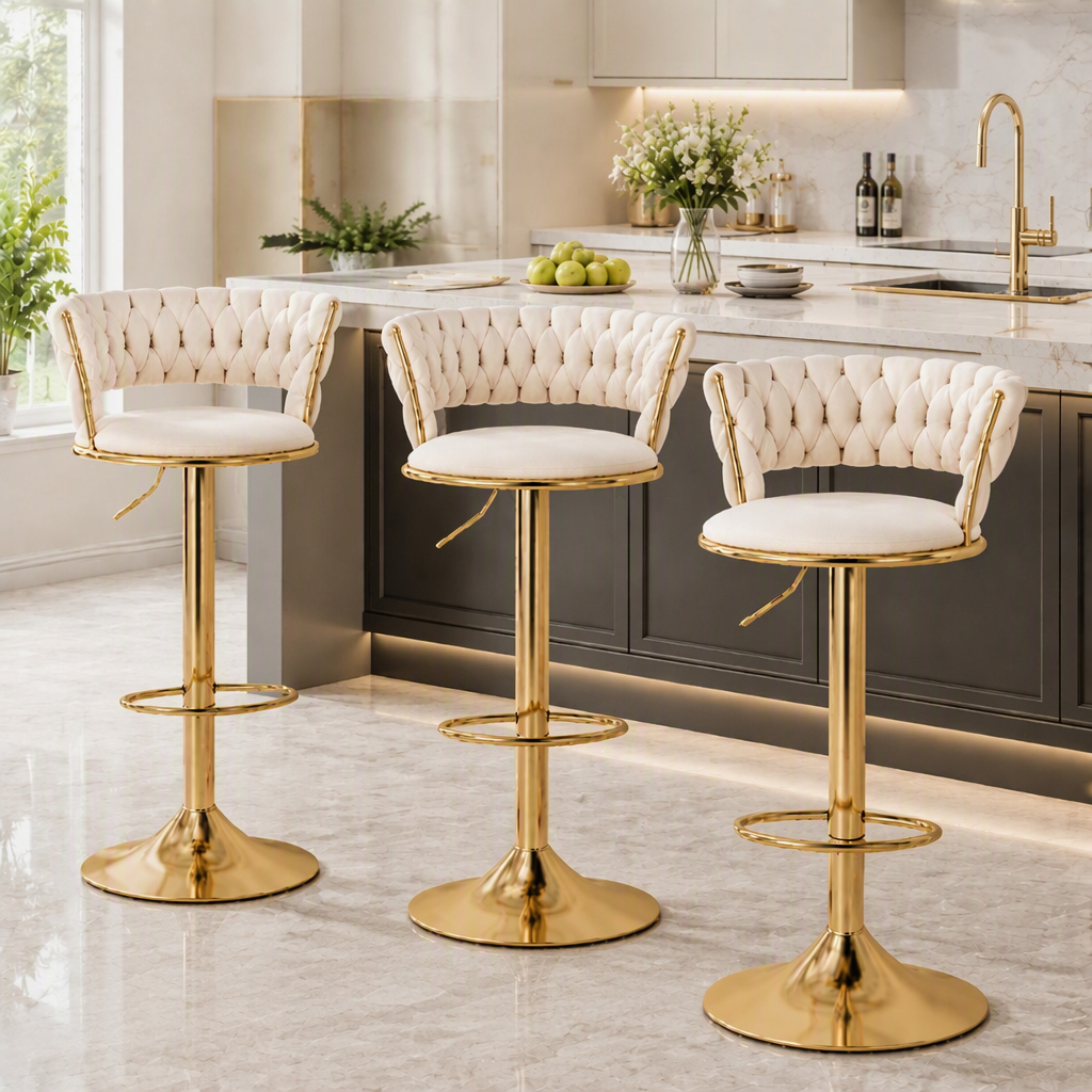 Artiss Bar Stools X3 Kitchen Counter Chair Gas Lift Velvet Woven Backrest Ivory Awezingly