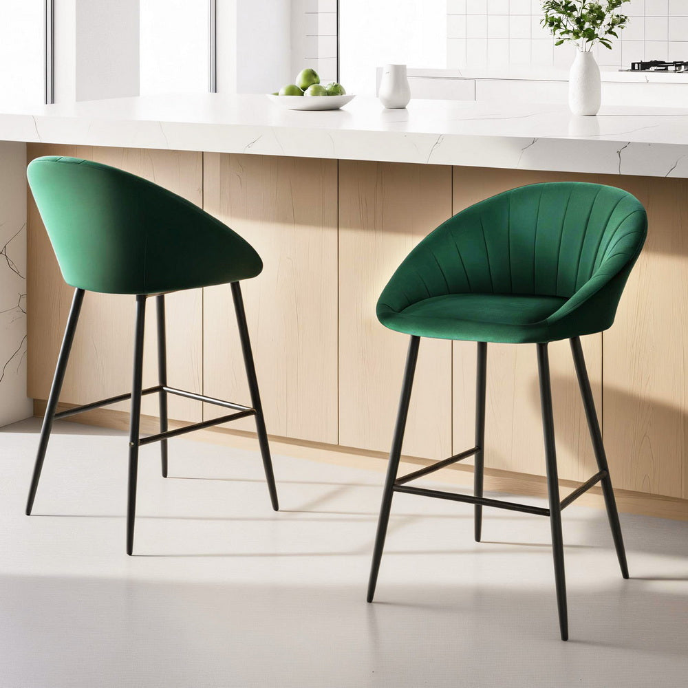 Artiss 2x Bar Stools Kitchen Dining Chair Counter Stool Tub Velvet Metal Green Awezingly