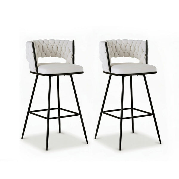 Artiss 2x Bar Stools Kitchen Dining Chair Counter Stool Woven Velvet Metal Ivory Awezingly
