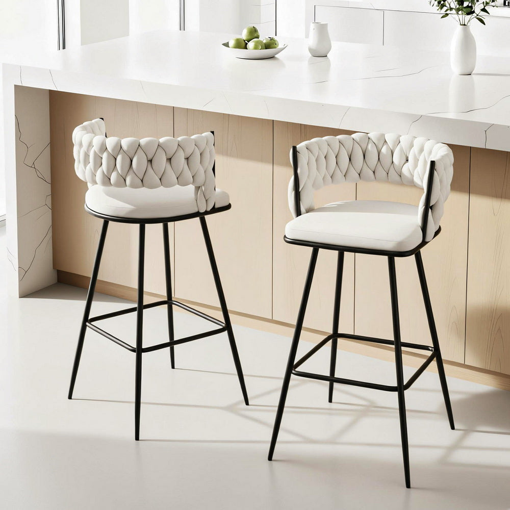 Artiss 2x Bar Stools Kitchen Dining Chair Counter Stool Woven Velvet Metal Ivory Awezingly