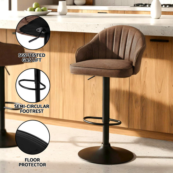 Artiss 2x Bar Stools Kitchen Swivel Gas Lift Counter Chair Shell Leather Brown Awezingly
