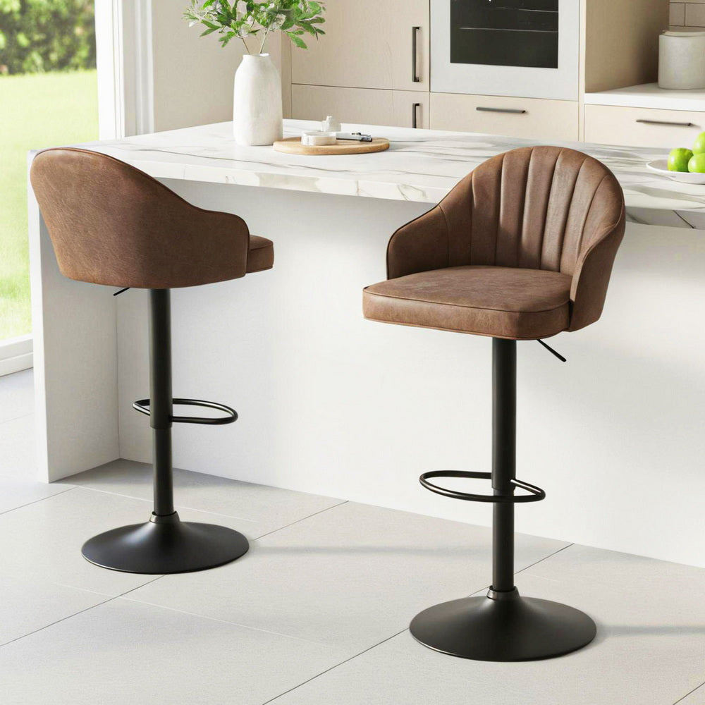 Artiss 2x Bar Stools Kitchen Swivel Gas Lift Counter Chair Shell Leather Brown Awezingly