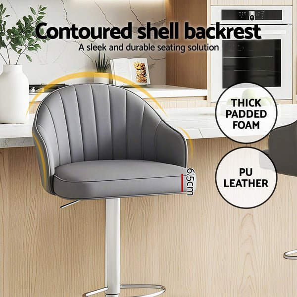 Artiss 2x Bar Stools Kitchen Swivel Gas Lift Counter Chair Shell Leather Grey Awezingly
