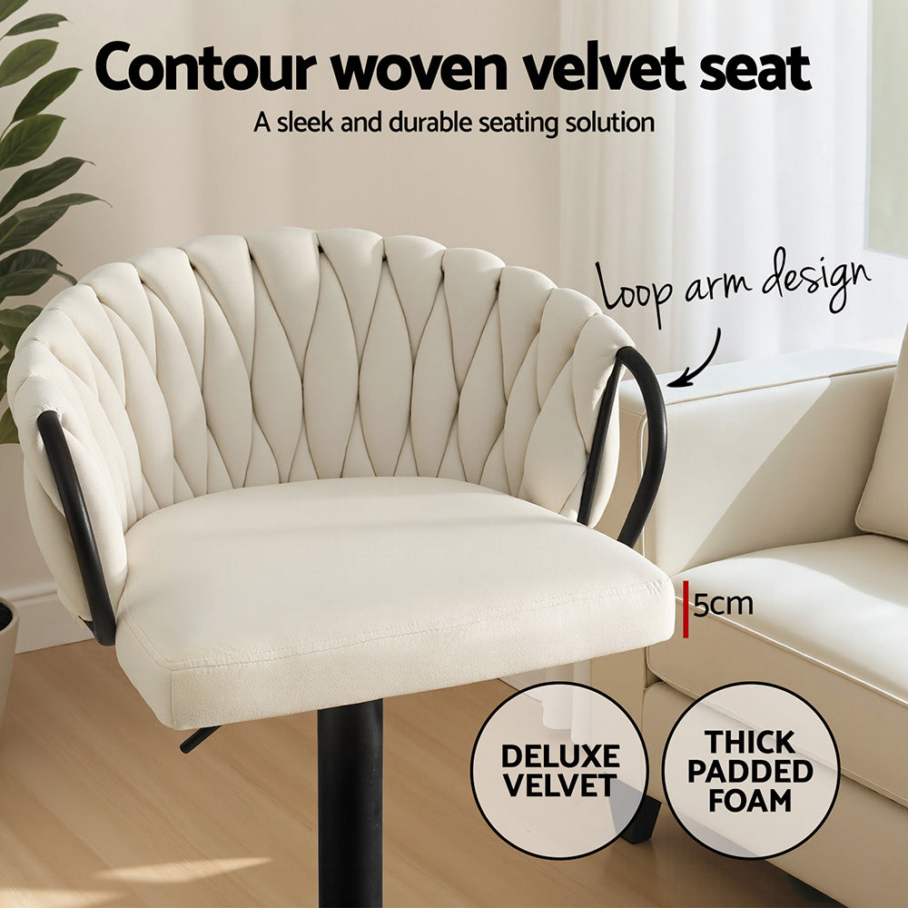 Artiss Bar Stool x2 Kitchen Dining Chair Counter Gaslift Woven Velvet Ivory Awezingly