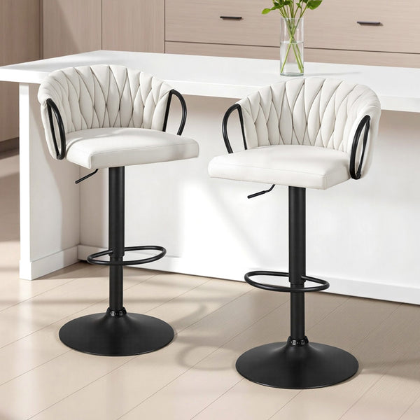 Artiss Bar Stool x2 Kitchen Dining Chair Counter Gaslift Woven Velvet Ivory Awezingly