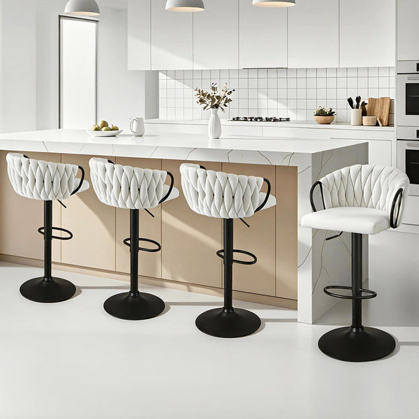 Artiss Bar Stool x4 Kitchen Dining Chair Counter Gaslift Woven Velvet Ivory Awezingly