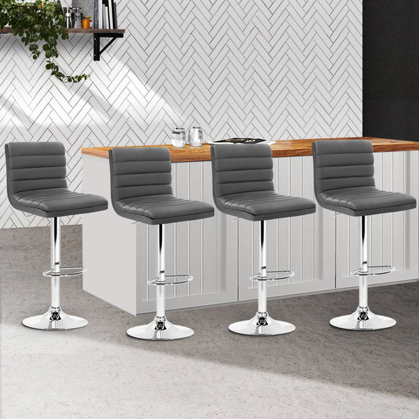 Artiss Set of 4 PU Leather Lined Pattern Bar Stools- Grey and Chrome Artiss