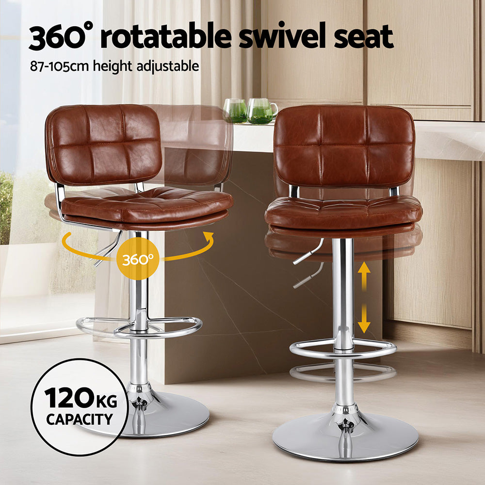 Artiss 2x Bar Stools Kitchen Swivel Gas Lift Counter Chair Tuft PU Leather Brown Awezingly
