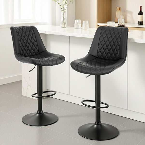 Artiss 2x Bar Stools Kitchen Swivel Gas Lift Counter Chair Diamond Leather Black Awezingly