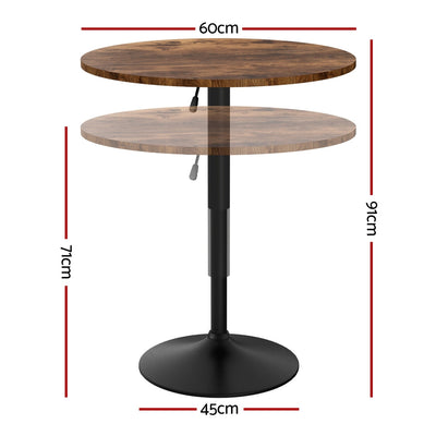 Artiss Height Adjustable Bar Table 360 Swivel Round Gaslift Design 60cm Rustic Brown Black