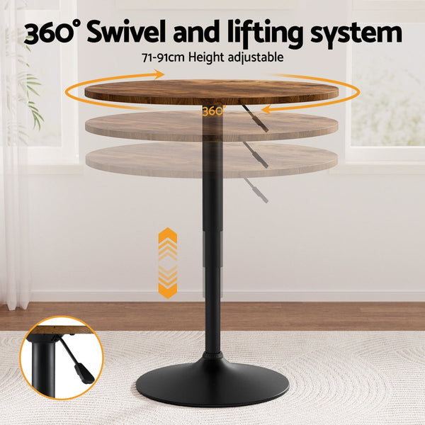 Artiss Height Adjustable Bar Table 360 Swivel Round Gaslift Design 60cm Rustic Brown Black Awezingly