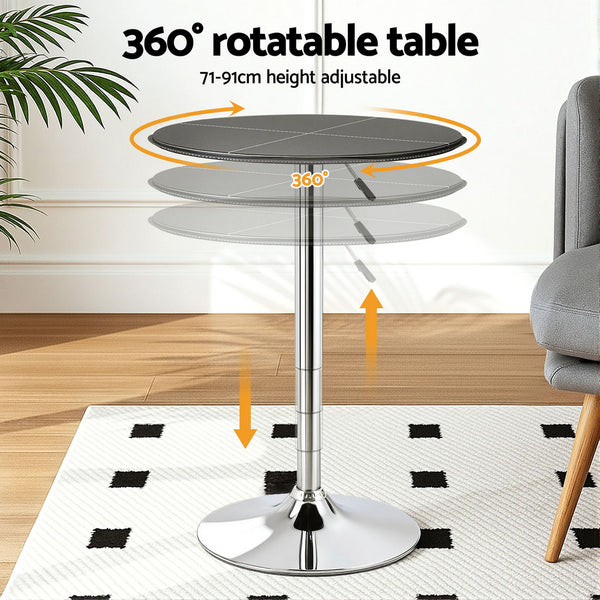 Artiss Bar Table Round Swivel Height Adjustable 62cm Modern PVC Leather Black Awezingly