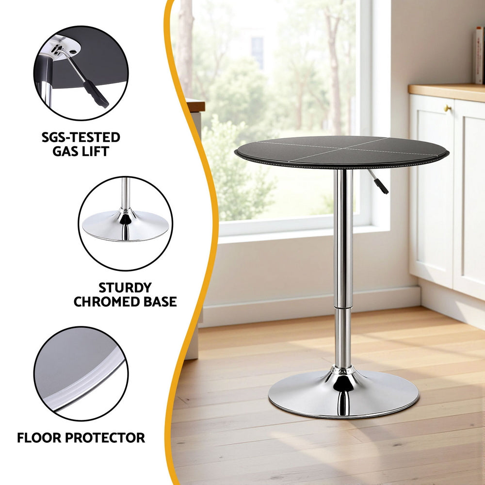 Artiss Bar Table Round Swivel Height Adjustable 62cm Modern PVC Leather Black Awezingly