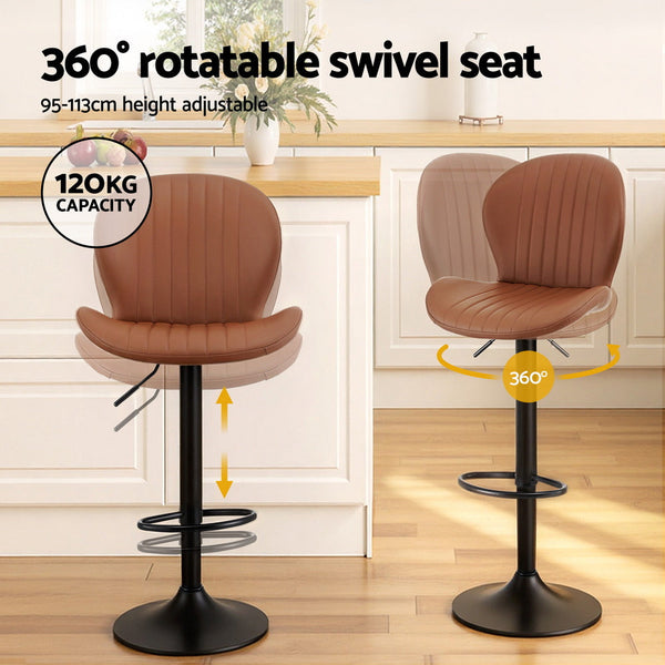 Artiss 2x Bar Stools Kitchen Swivel Gas Lift Counter Chair Shell Leather Brown Awezingly