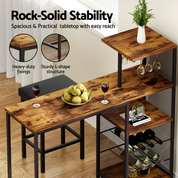 Artiss 3Pcs Bar Table and Stools Set Dining Table Solid Wood Kitchen Chairs Cafe Pub Artiss