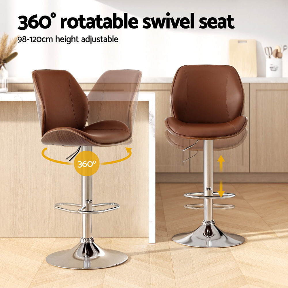 Artiss 1X Bar Stool Bentwood Swivel Adjustable Kitchen Dining Counter Stool Leather Brown Awezingly