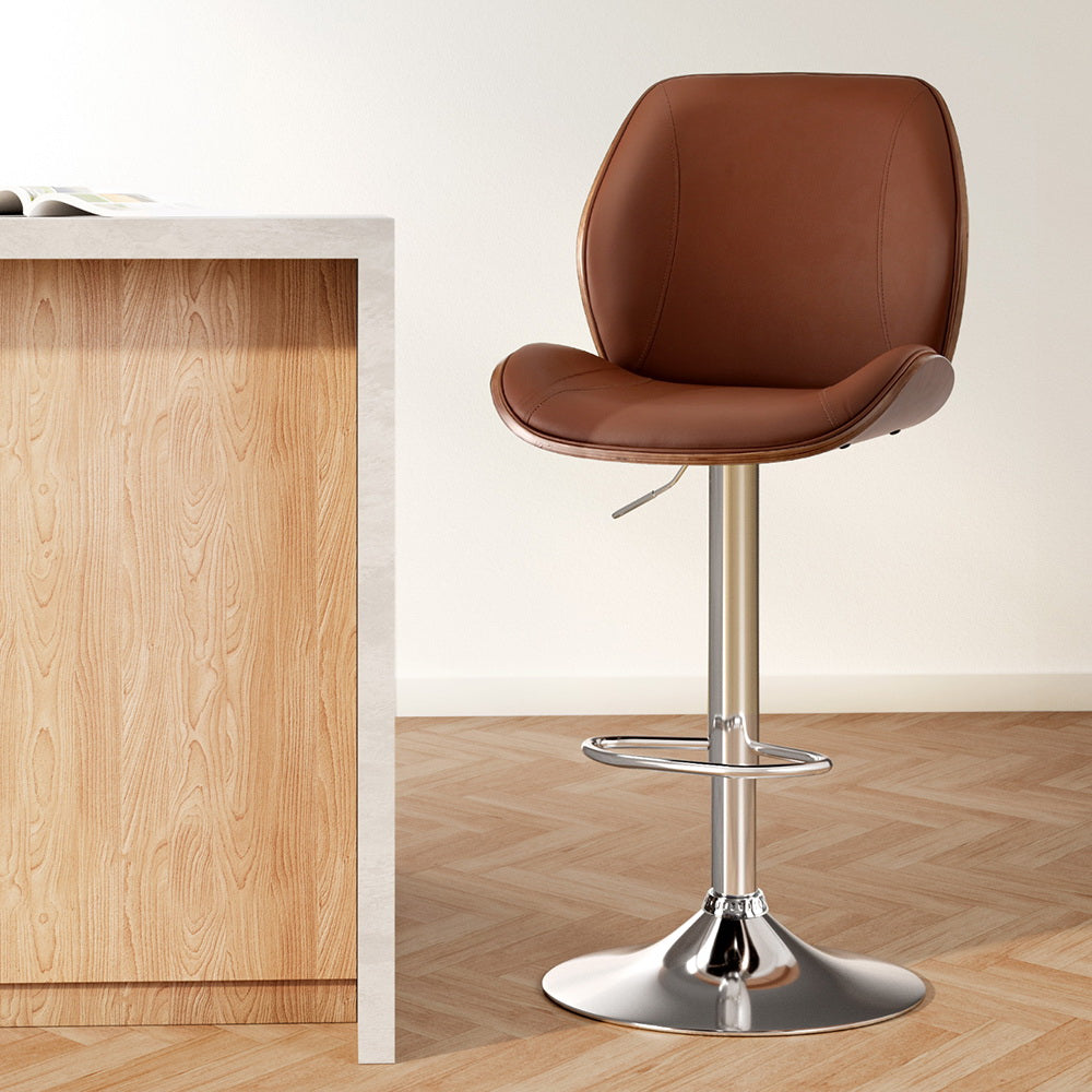 Artiss 1X Bar Stool Bentwood Swivel Adjustable Kitchen Dining Counter Stool Leather Brown Awezingly