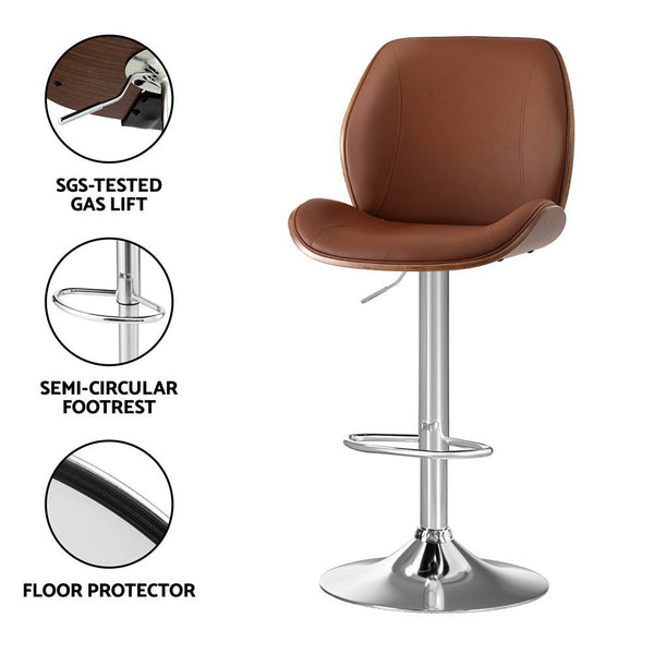 Artiss 2X Bar Stools Bentwood Adjustable Kitchen Counter Chair Leather Brown Awezingly