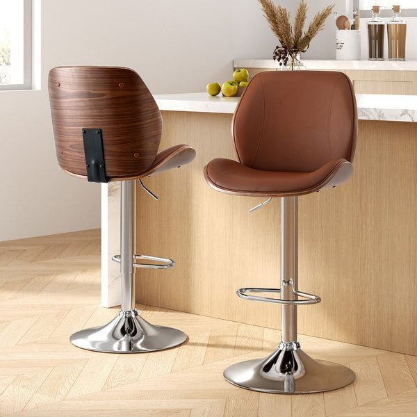 Artiss 2X Bar Stools Bentwood Adjustable Kitchen Counter Chair Leather Brown Awezingly