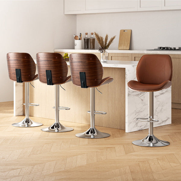 Artiss 4X Bar Stools Bentwood Adjustable Kitchen Counter Chair Leather Brown Awezingly