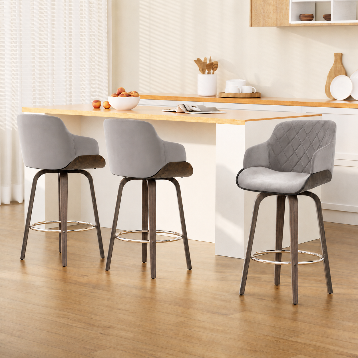 Artiss Bar Stools Set of 3 Kitchen Wooden Bar Stool Dining Chair Swivel Velvet Awezingly