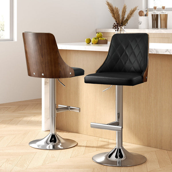 Artiss 2X Bar Stool Wood Swivel Adjustable Kitchen Counter Stool Leather Black Awezingly