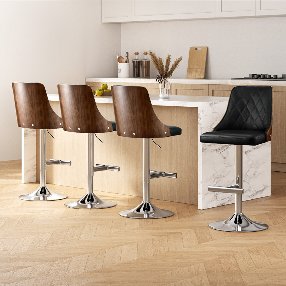 Artiss 4X Bar Stool Wood Swivel Adjustable Kitchen Counter Stool Leather Black Awezingly