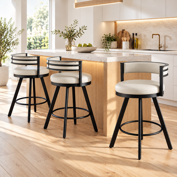 Artiss Bar Stools Set of 3 Swivel Counter Stools with Padded Backrest PU Leather Beige Awezingly
