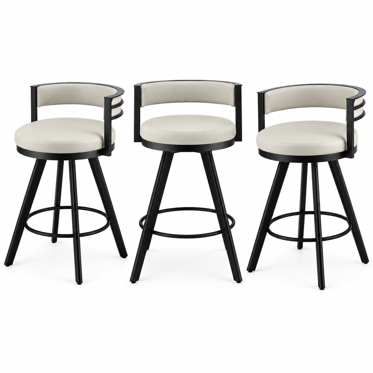 Artiss Bar Stools Set of 3 Swivel Counter Stools with Padded Backrest PU Leather Beige Awezingly