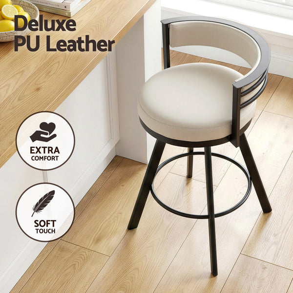 Artiss Bar Stools Set of 3 Swivel Counter Stools with Padded Backrest PU Leather Beige Awezingly