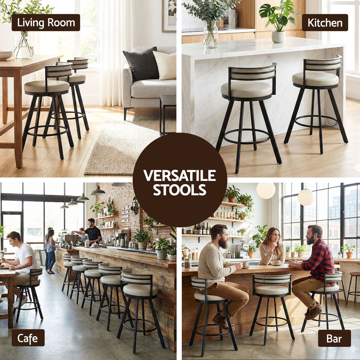 Artiss Bar Stools Set of 3 Swivel Counter Stools with Padded Backrest PU Leather Beige Awezingly