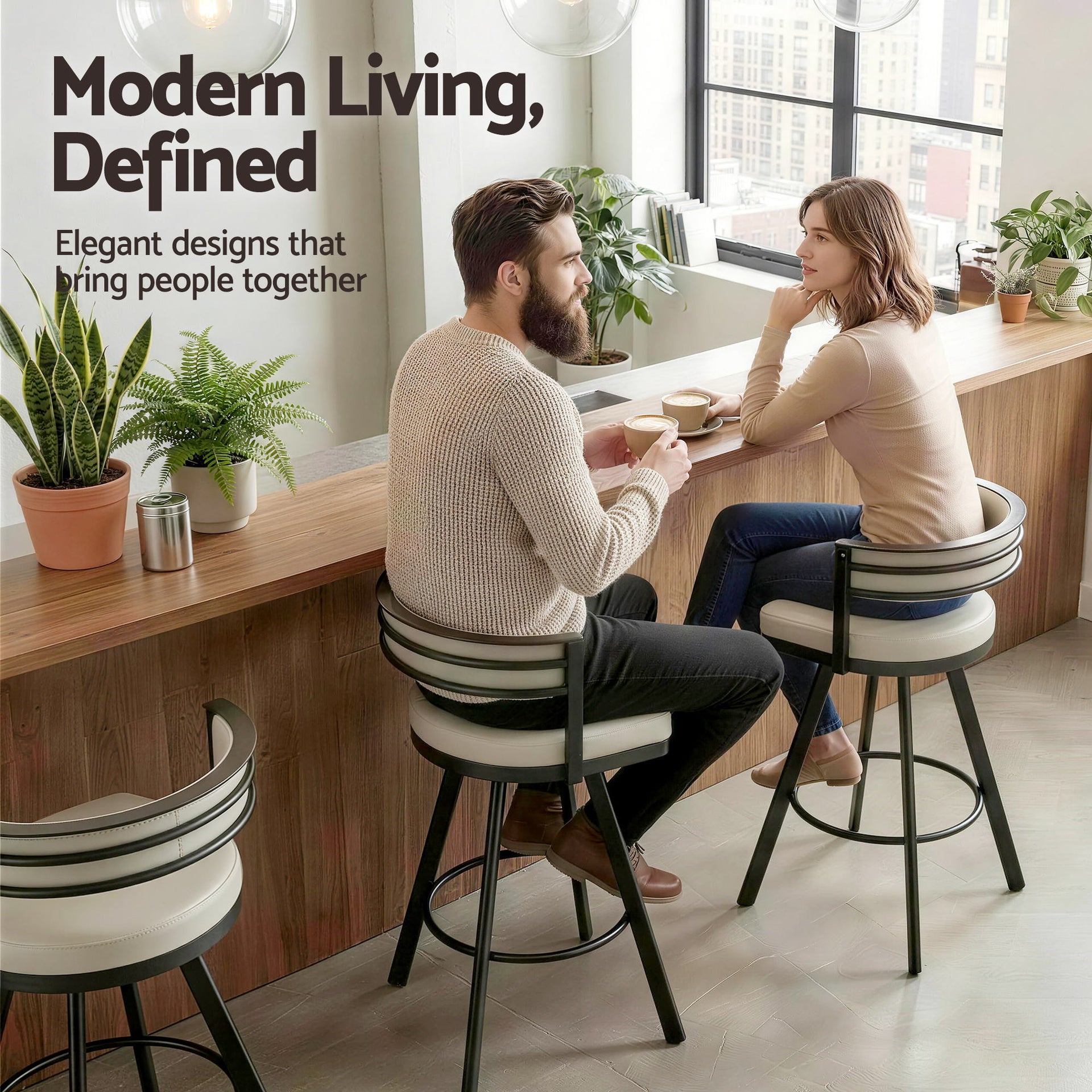 Artiss Bar Stools Set of 4 Swivel Kitchen Chair Metal Counter Beige Leather Awezingly